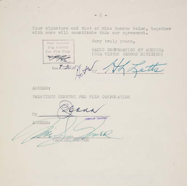 Appraisal: MARILYN MONROE Typed contractual letter signed by Monroe an agreement