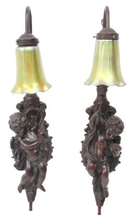 Appraisal: pair Patinated metal wall sconces th c floriform iridescent art