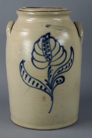 Appraisal: Two-Gallon Stoneware JarCylindrical with handles Having decorative cobalt flower on