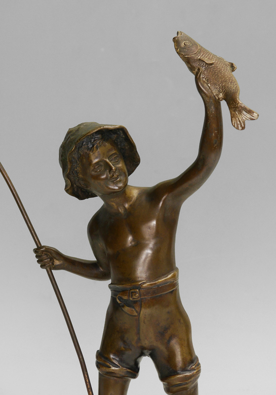 Appraisal: BRONZE FISHER BOY SCULPTURE ''Ein Guter Fang'' A Good Catch