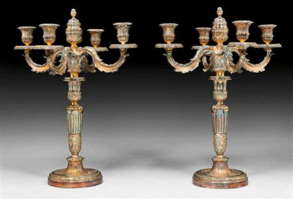 Appraisal: PAIR OF CANDELABRAS Louis XVI style Paris Silver-plated bronze H