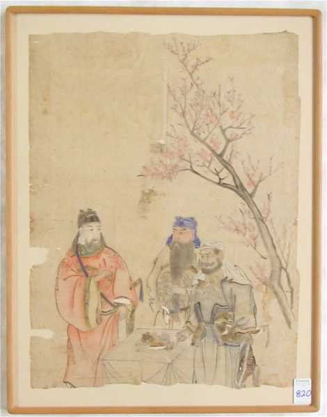 Appraisal: CHINESE WATERCOLOR ON PAPER three men standing around a table