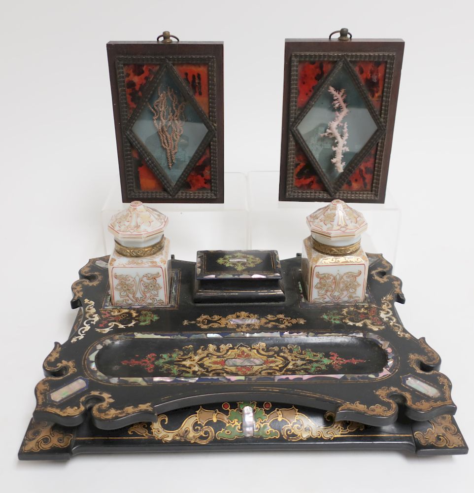 Appraisal: Jennes Bettridge Inkwell Framed Bocages Inkwell is papier mache Inkwell