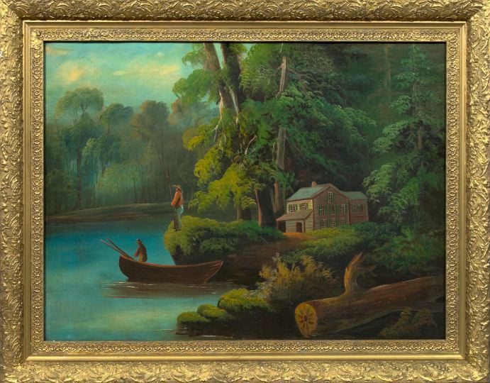 Appraisal: American School Early th Century Cabin Landscape with Figures Fishing