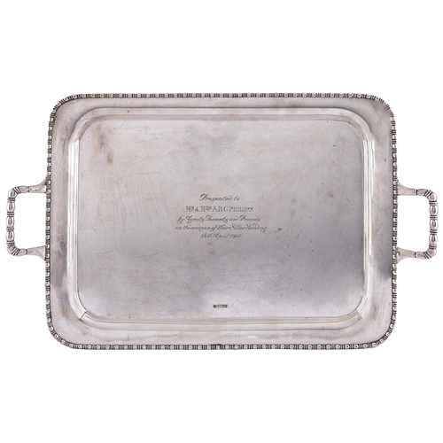 Appraisal: A George V silver tea tray with bead-and-reel rim engraved