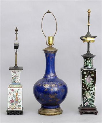 Appraisal: THREE CHINESE PORCELAIN VASES MOUNTED AS LAMPS Comprising one mirror