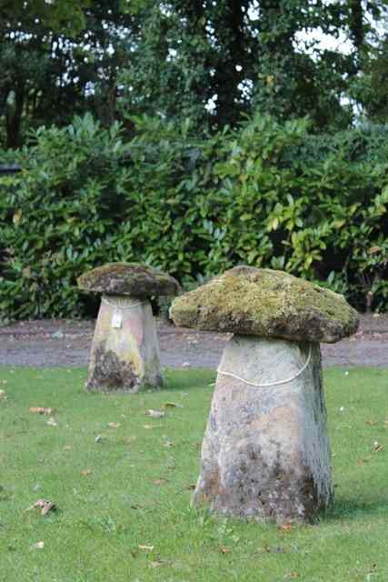 Appraisal: TWO SIMILAR SANDSTONE STADDLE STONES on spreading square bases both