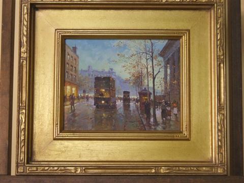 Appraisal: TH CENTURY RAINY CITY SCENE Oil on canvas x in