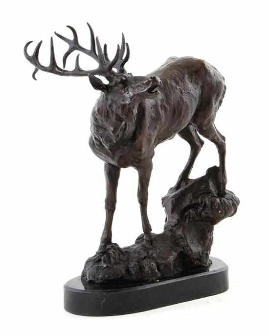 Appraisal: Bronze sculpture of elk Continental th century elk standing on