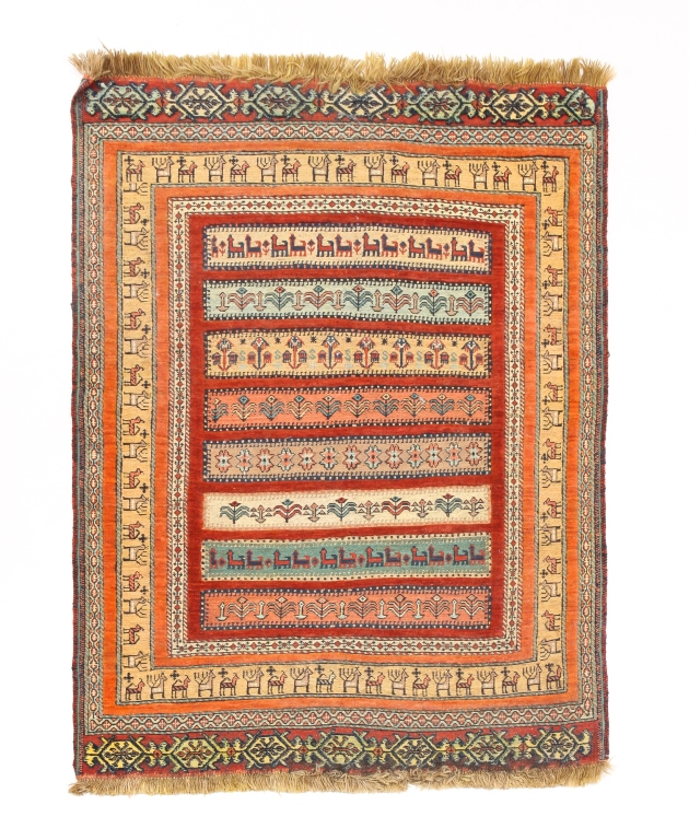 Appraisal: PERSIAN FIGURAL RUG Late th century Flat weave and knotted