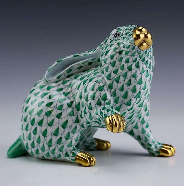 Appraisal: Herend Porcelain Emerald Green Fishnet Rabbit Hare Herend Hungarian porcelain