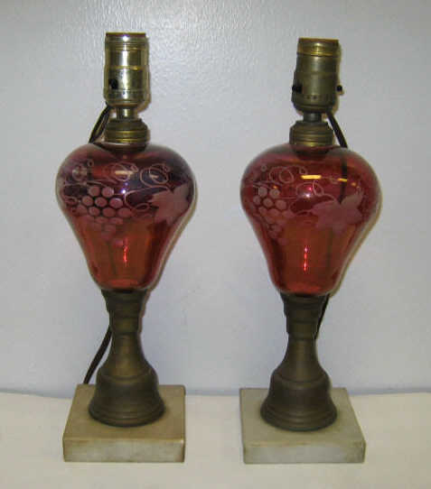 Appraisal: PAIR OF FLASH CRANBERRY GLASS LAMPS Each baluster with etched