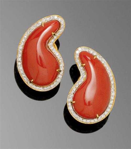 Appraisal: CORAL AND BRILLIANT-CUT DIAMOND CLIP EARRINGS Yellow gold Very attractive