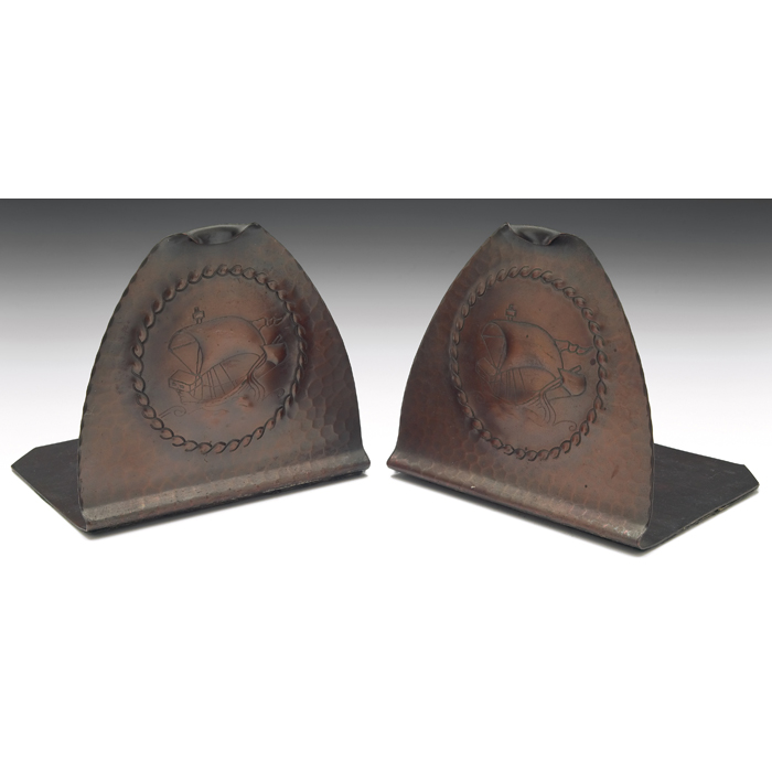 Appraisal: Roycroft bookends pair hammered copper with a tooled ship design