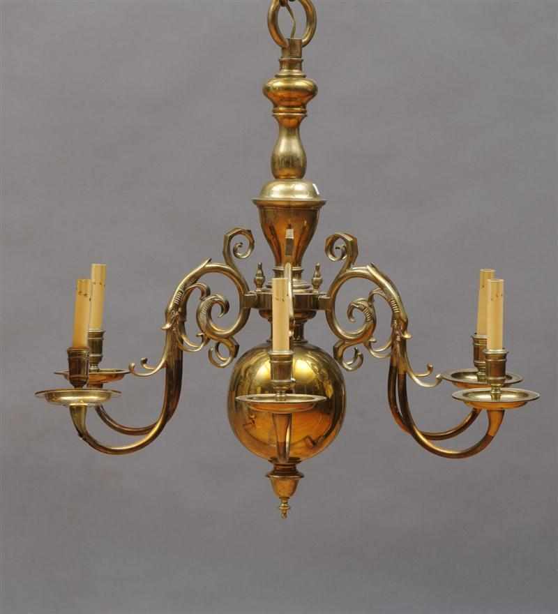 Appraisal: DUTCH BAROQUE STYLE BRASS SIX-LIGHT CHANDELIER The baluster-shaped stem issuing