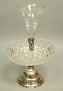 Appraisal: Pressed Glass Sterling Antique Epergne Scalloped crystal trumpet form vase