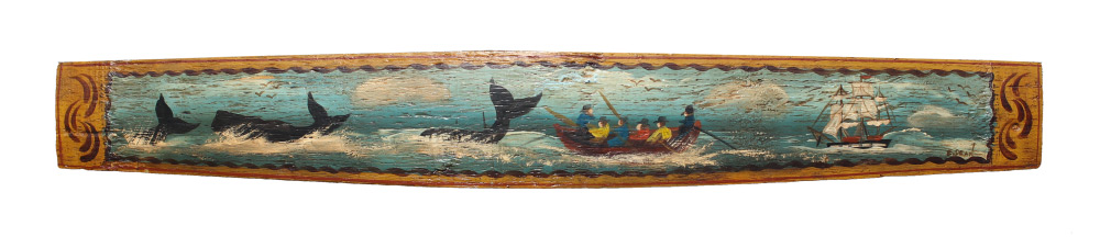 Appraisal: WHALING SCENE PAINTED ON A BARREL SEGMENT Approximately '' x