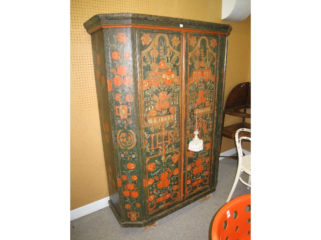 Appraisal: Antique pine marriage cupboard over painted with vases of flowers