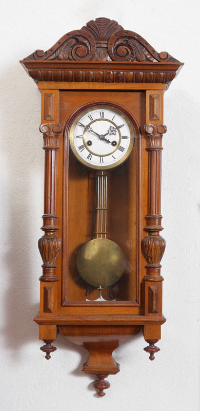 Appraisal: GUSTAV BECKER CARVED GERMAN WALL CLOCK Walnut case removable carved