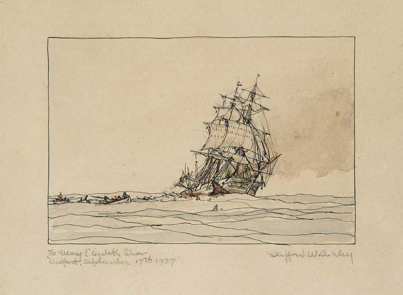 Appraisal: CLIFFORD WARREN ASHLEY American - WHALING SCENE Pen and watercolor