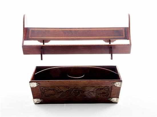 Appraisal: English oak cutlery tray and inlaid mahogany bookrack th century