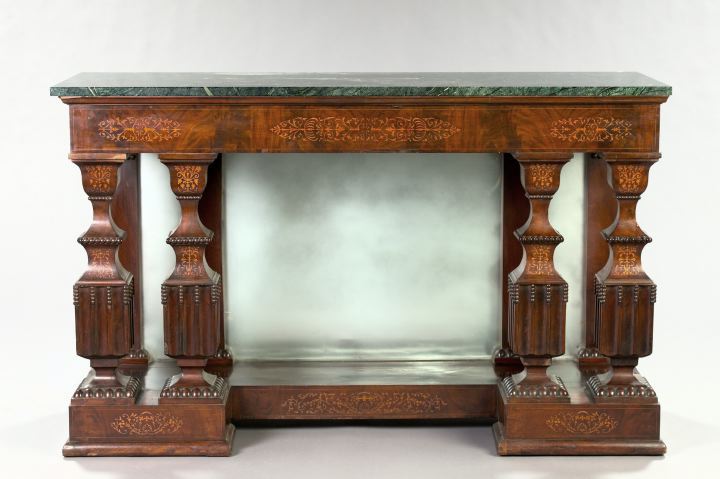 Appraisal: Fine and Unusual Inlaid Mahogany and Marble-Top Pier Table fourth