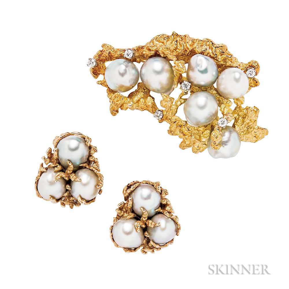 Appraisal: Gold and Baroque Cultured Pearl Brooch and Earclips Gold and