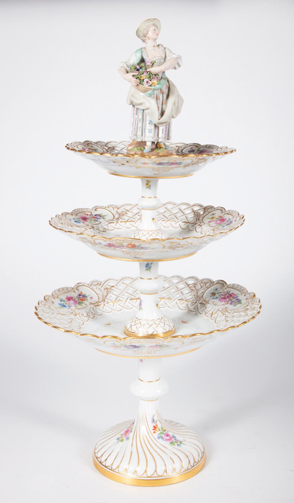 Appraisal: Meissen-Style Polychrome Porcelain Three-Tier Dessert or Tea Stand crossed swords