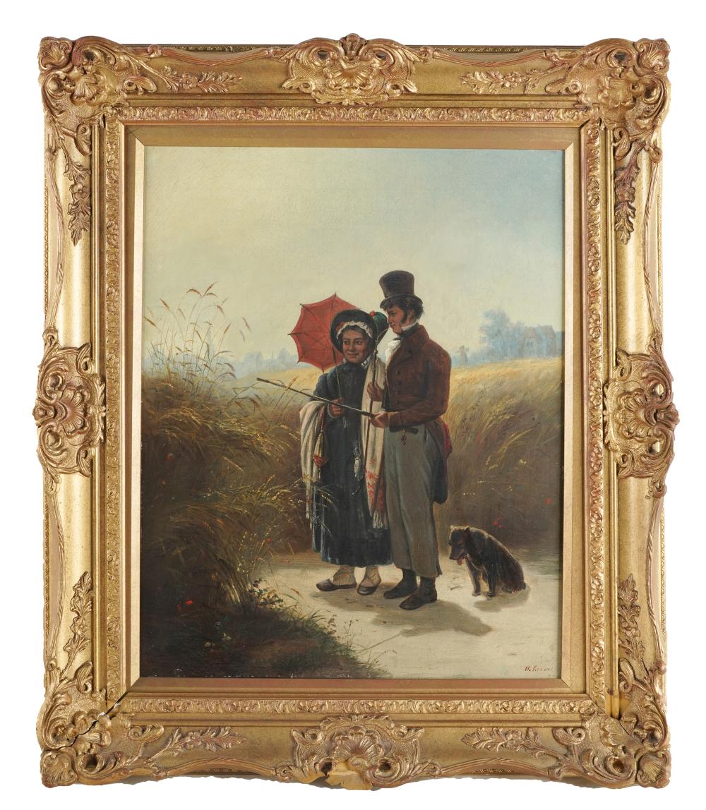 Appraisal: COUPLE IN A FIELD WITH DOG th Century oil on