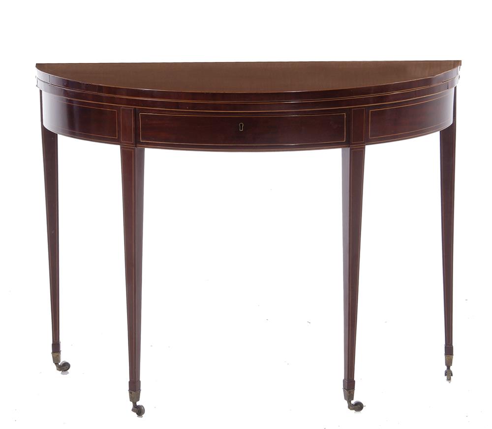 Appraisal: Hepplewhite inlaid mahogany game table circa D-shaped hinged top skirt