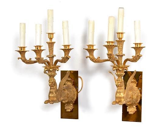 Appraisal: A Pair of Neo-Classical Gilt Bronze Griffon Form Three-Light Wall