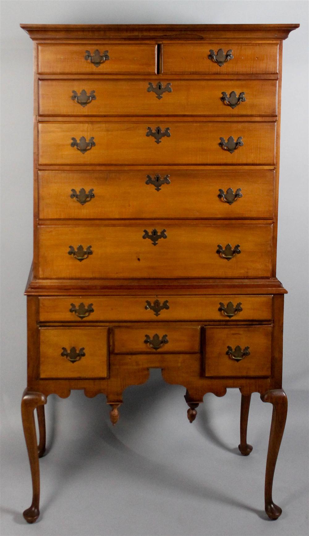 Appraisal: QUEEN ANNE STYLE MAPLE FLAT TOP HIGHBOY in two parts