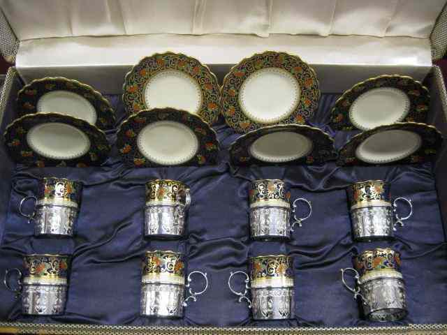 Appraisal: Sterling Silver Aynsley China DemitasseSet for beautiful floral on cobalt