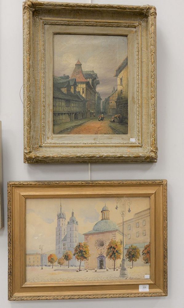 Appraisal: Two framed pieces to include watercolor of church courtyard x