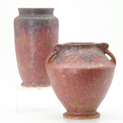 Appraisal: ROSEVILLE Two Carnelian II vases in mottled pink with deep