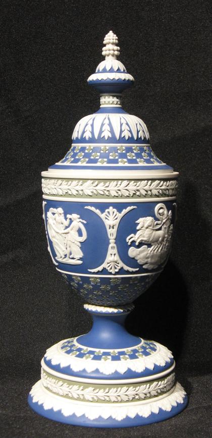 Appraisal: Wedgwood jasperware covered urn on pedestal base H in PROVENANCE