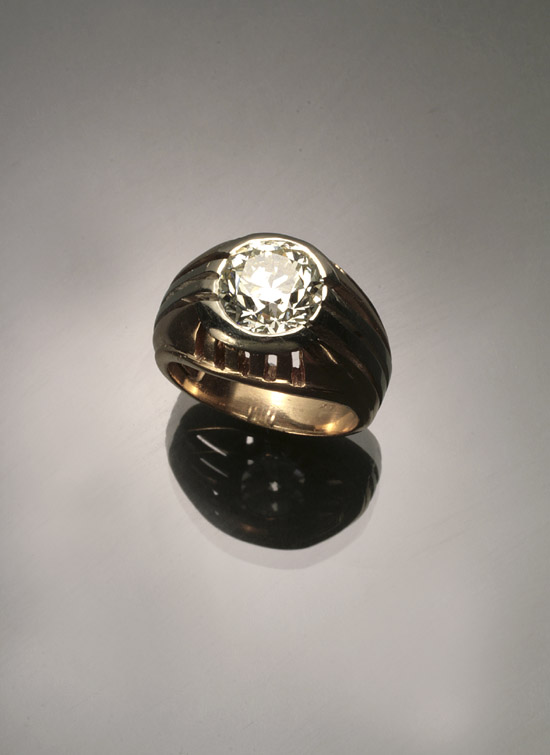 Appraisal: Gentleman's Retro -Karat Yellow-Gold White-Gold and Diamond Gypsy Ring Circa