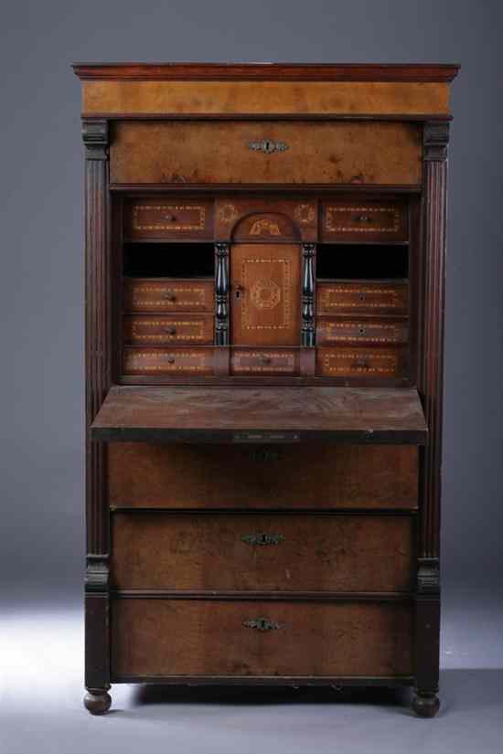 Appraisal: CONTINENTAL WALNUT FRUITWOOD AND MARQUETRY SECRETAIRE ABATTANT th century Molded