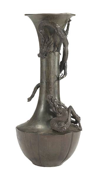 Appraisal: A massive patinated bronze vase Meiji Period Fashioned in two