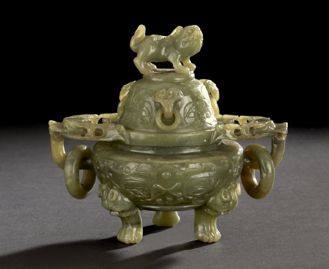 Appraisal: Chinese Carved Jade Covered Incense Burner the even olive-colored green