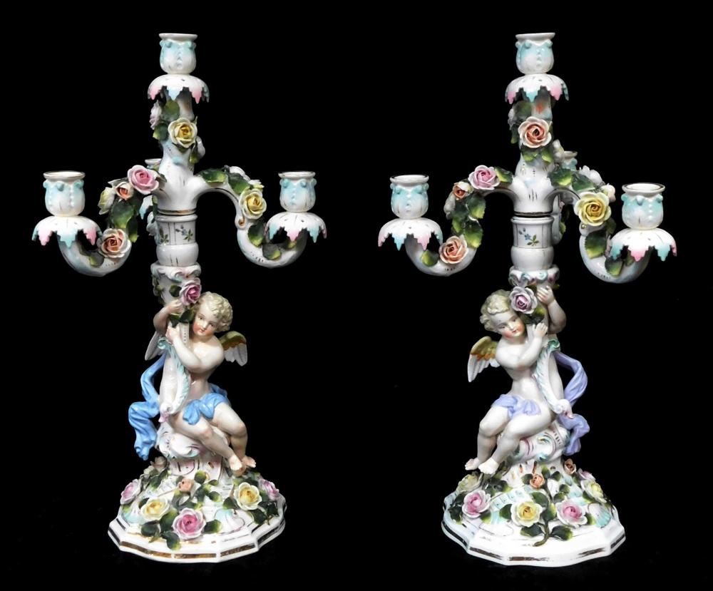 Appraisal: Pair of Sitzendorf porcelain candelabra th C four light branch