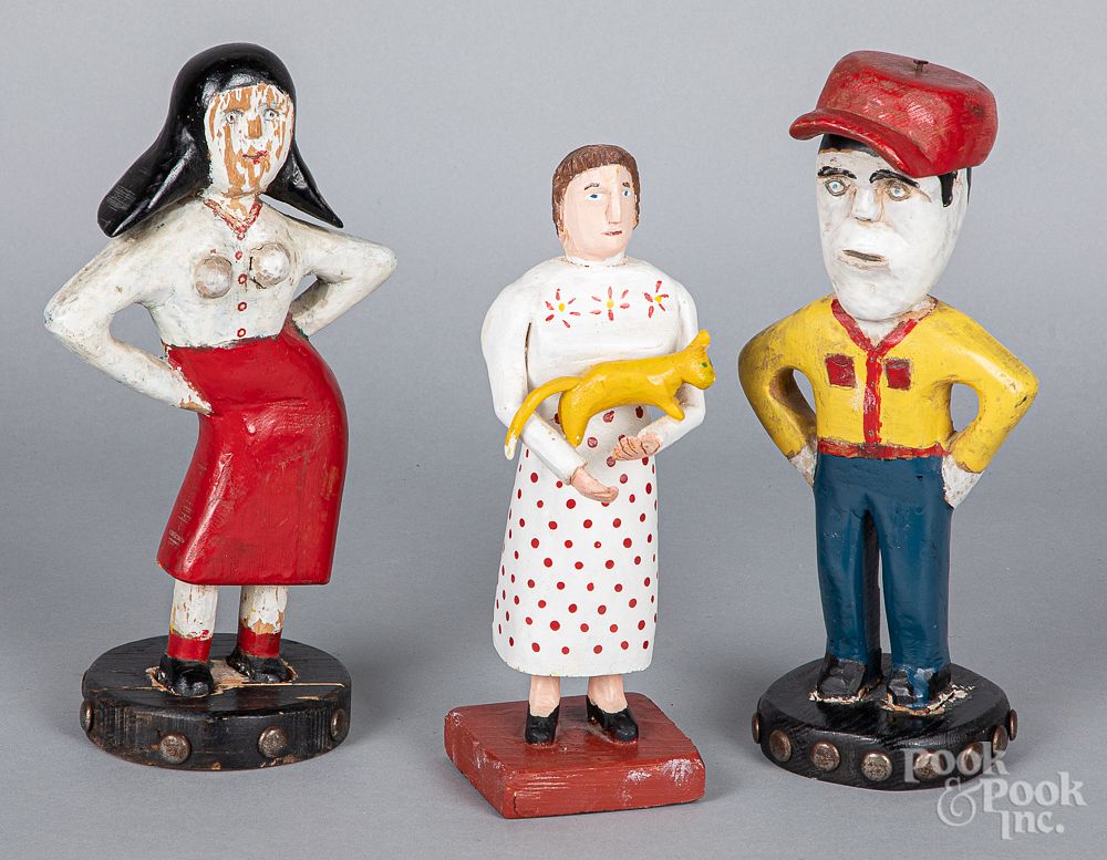 Appraisal: Three carved and painted folk art figures Three carved and