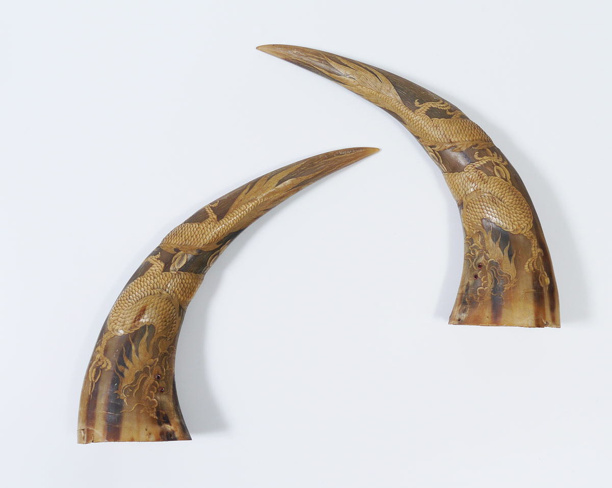 Appraisal: PAIR CHINESE CARVED WATER BUFFALO HORNS Each carved with dragon