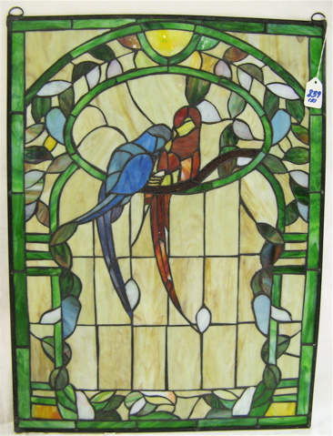 Appraisal: PAIR STAINED AND LEADED GLASS PICTORIAL WINDOW PANELS Colorful pair