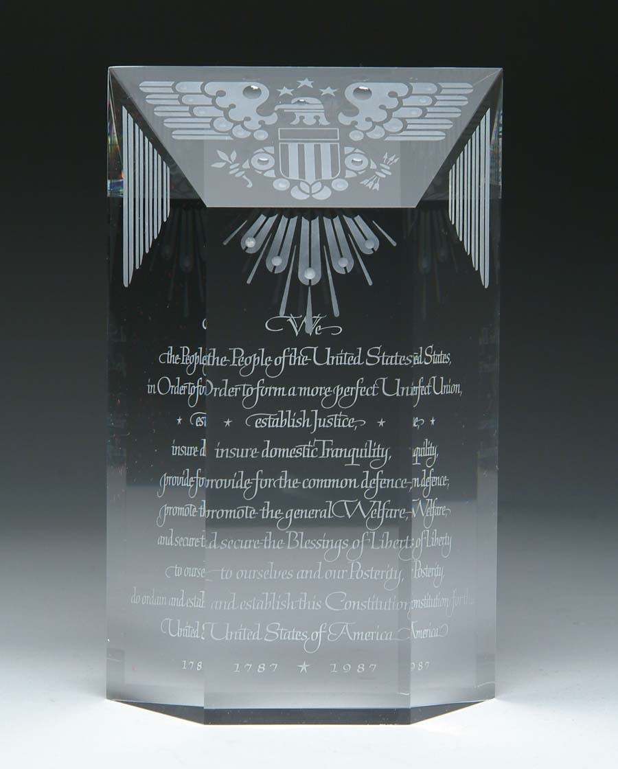 Appraisal: STEUBEN CONSTITUTION BICENTENNIAL PRISM Stately bicentennial prism is engraved with