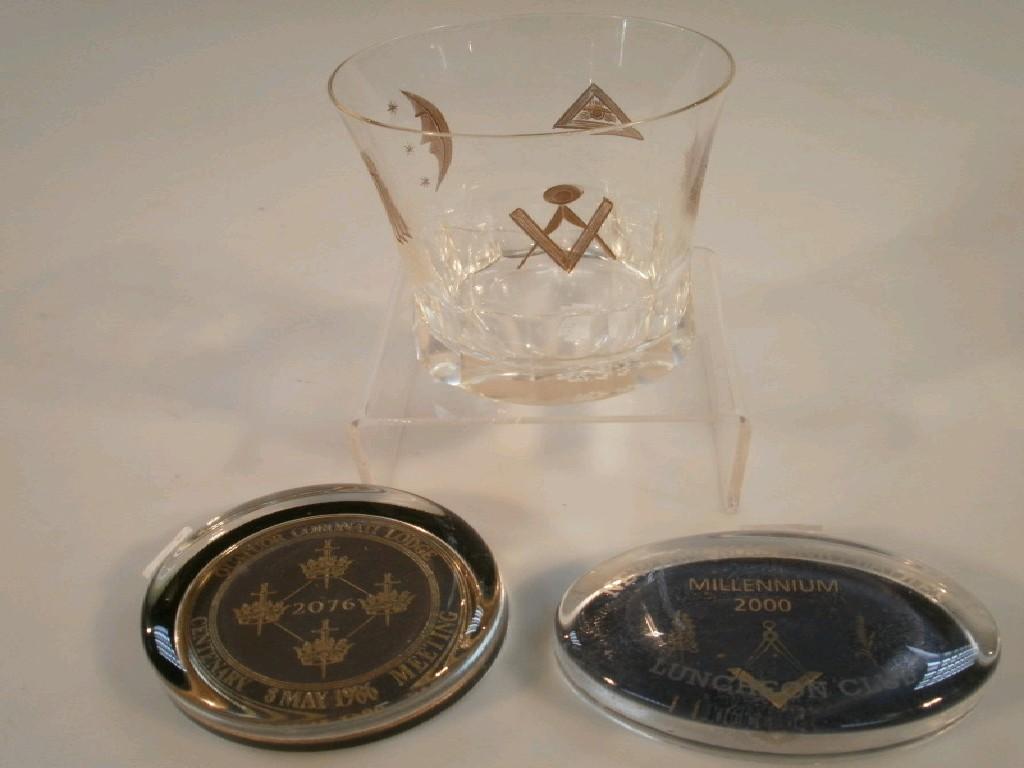 Appraisal: A masonic slice cut glass tumbler engraved with masonic symbols