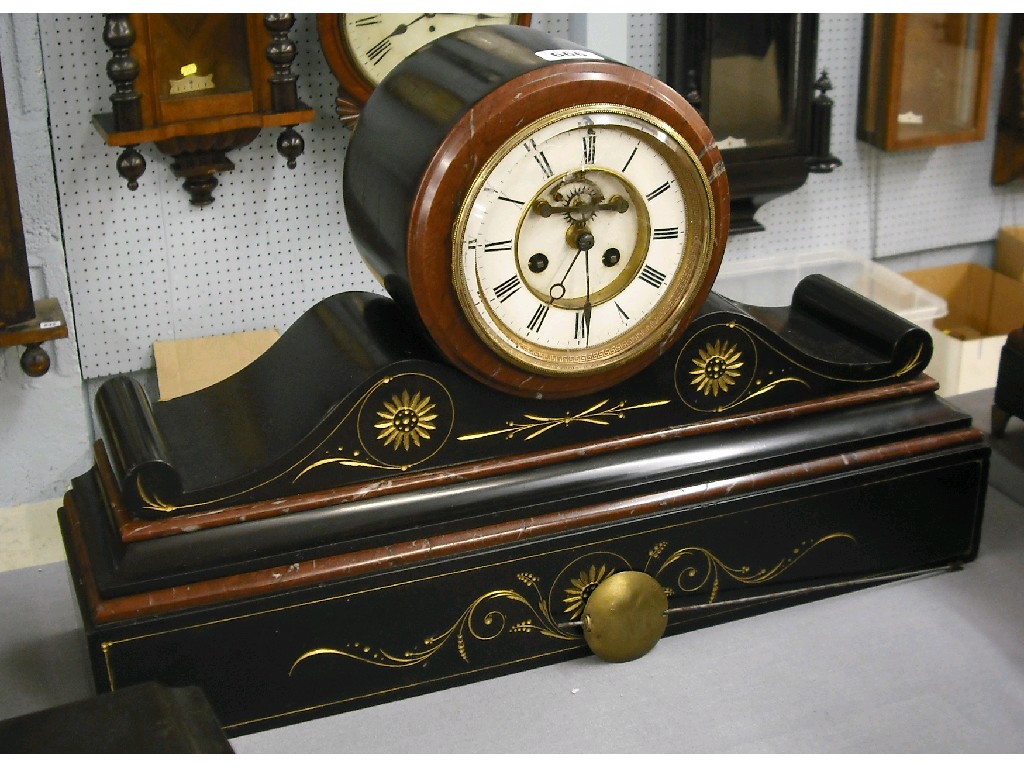 Appraisal: Black slate and red marble two train drumhead mantel clock