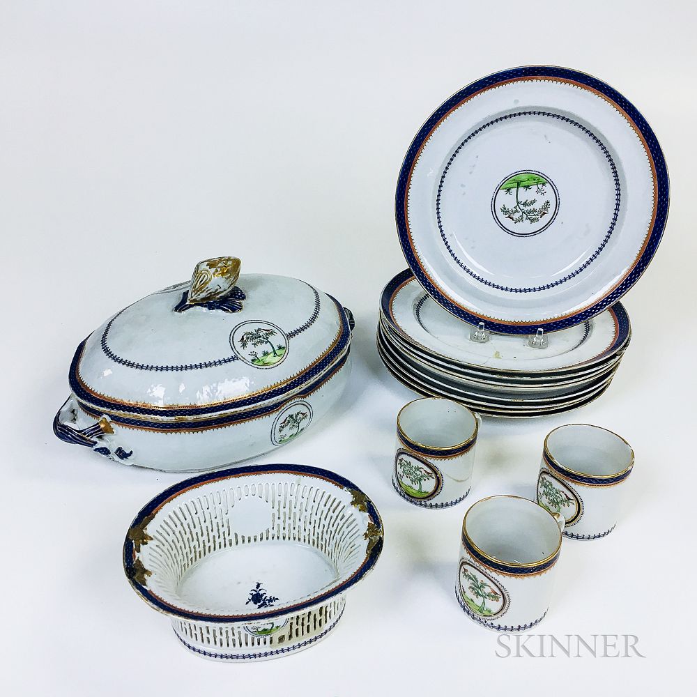 Appraisal: Fourteen Pieces of Cobalt-banded Chinese Export Armorial Porcelain Tableware Fourteen