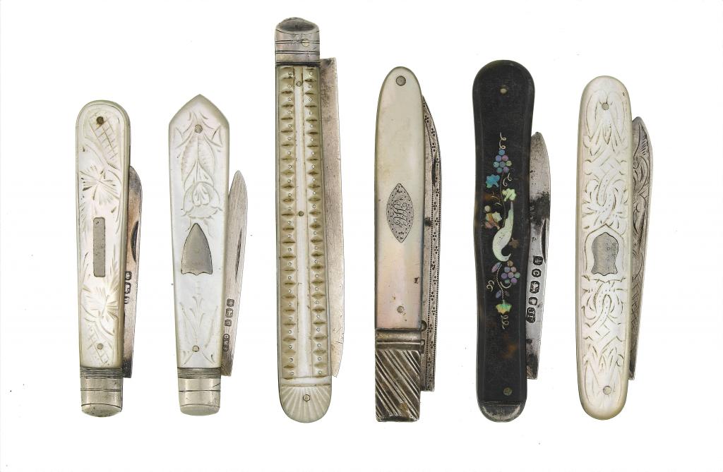 Appraisal: SIX SILVER FRUIT KNIVES one with inlaid tortoiseshell scales the