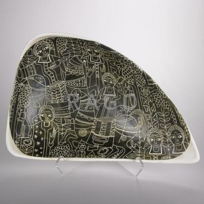 Appraisal: MARCELLO FANTONI Large tray with incised figures on olive ground